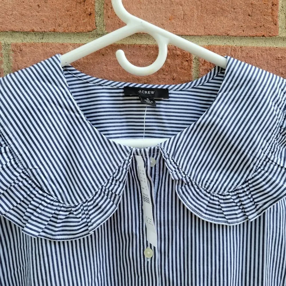 J. Crew Blue and White Striped Button-Down Top with Peter Pan Collar - Picture 5 of 7